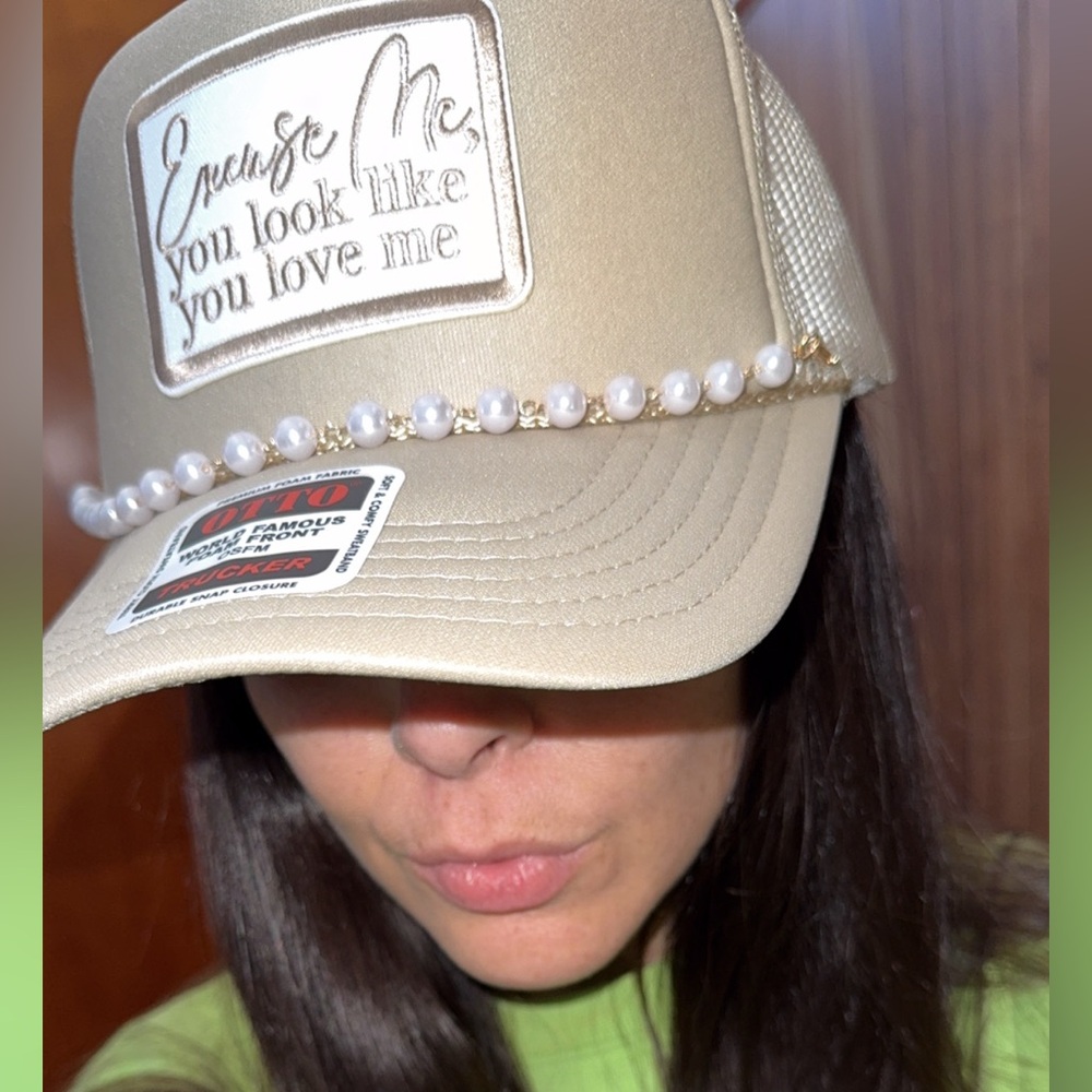 Beige Pearl-Embellished Cap